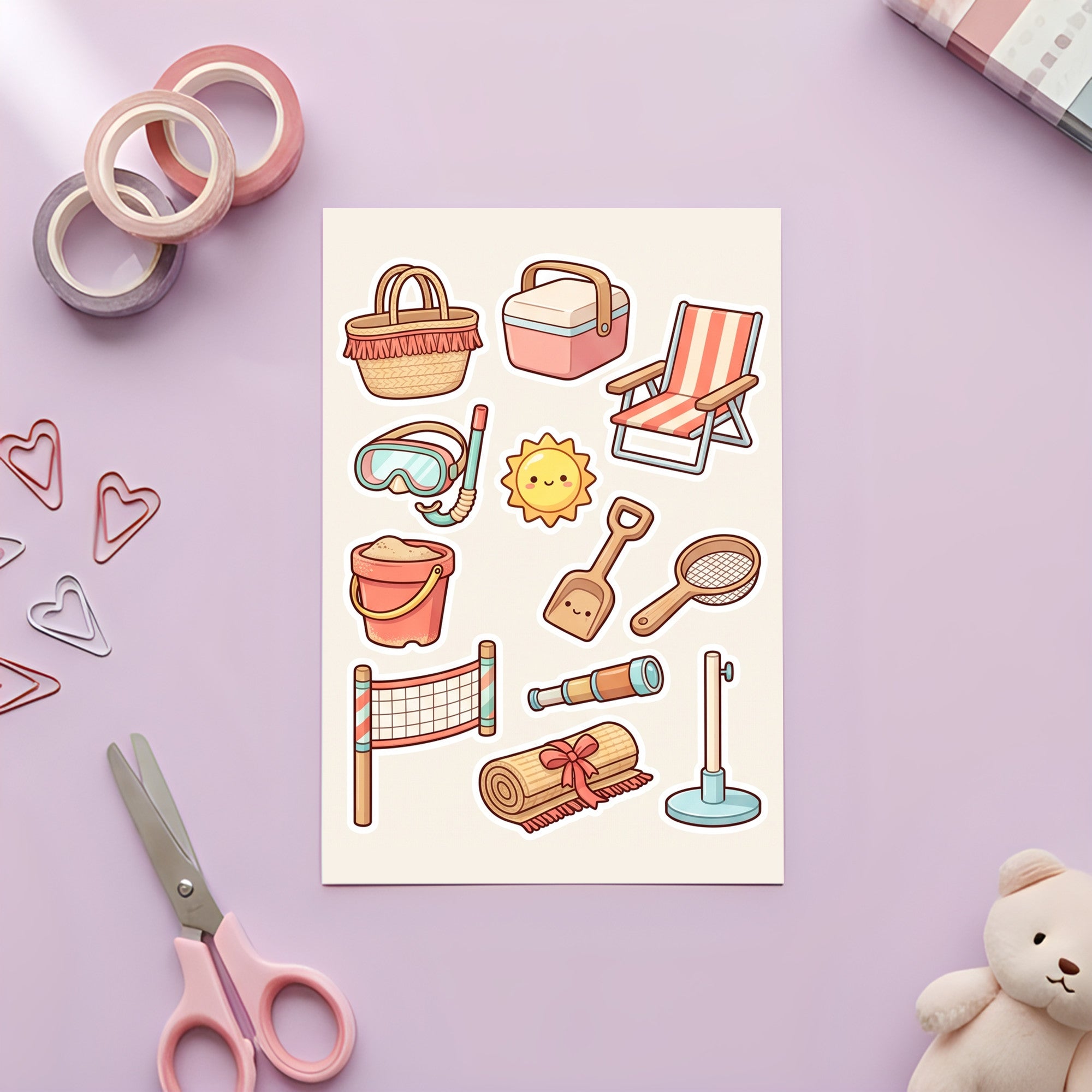 Kawaii Seaside Holiday Stickers – 4x6 inch Cute Sticker Sheets (Pack of 4) | Deck Chair & Bucket for Journals, DIY Crafts, Diaries, Planners & More