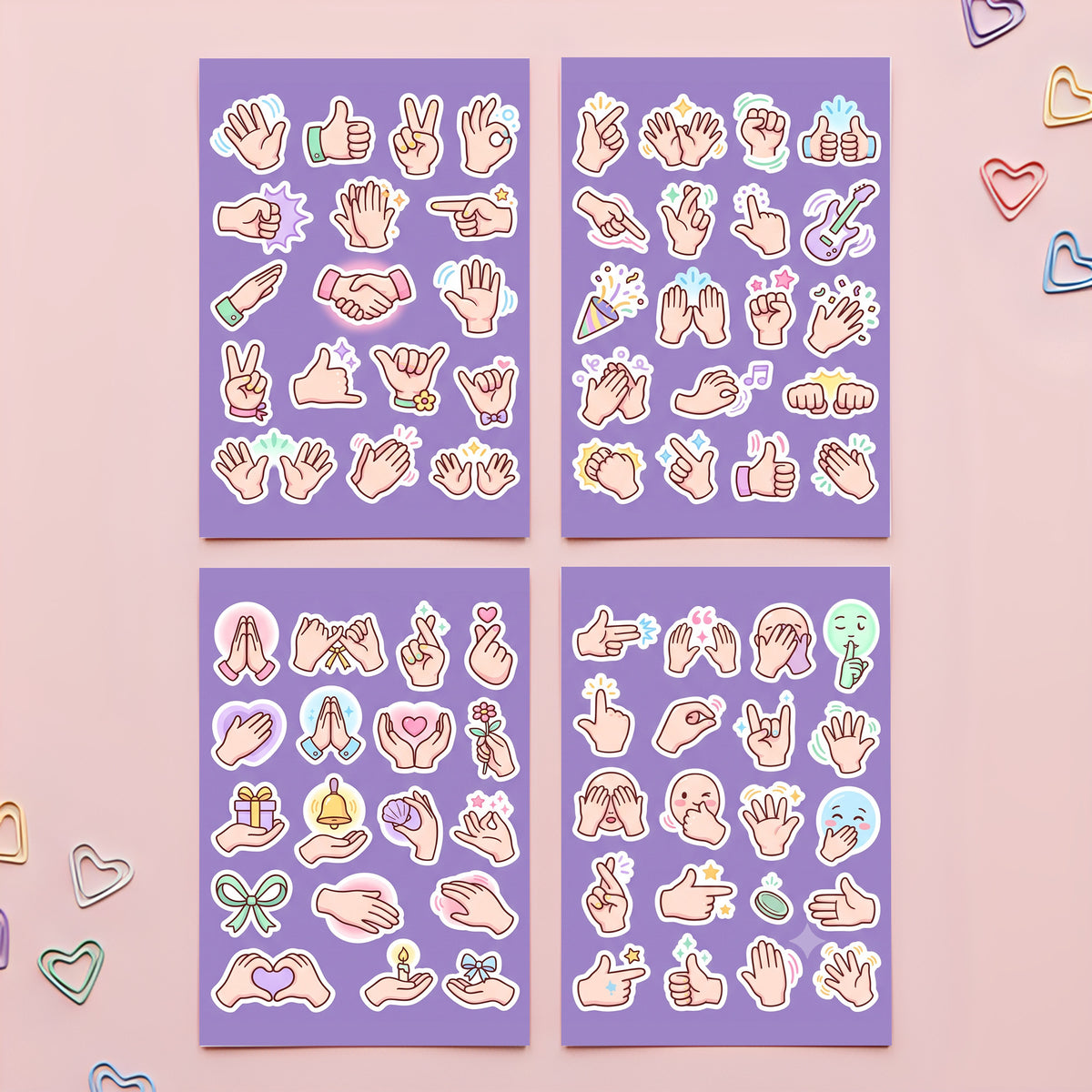 Kawaii Hand Gesture Sticker Pack – 4x6 inch Aesthetic Sticker Sheets (Pack of 4) | For Journals, Diaries, Planners, Gift Wraps, Scrapbooks & More