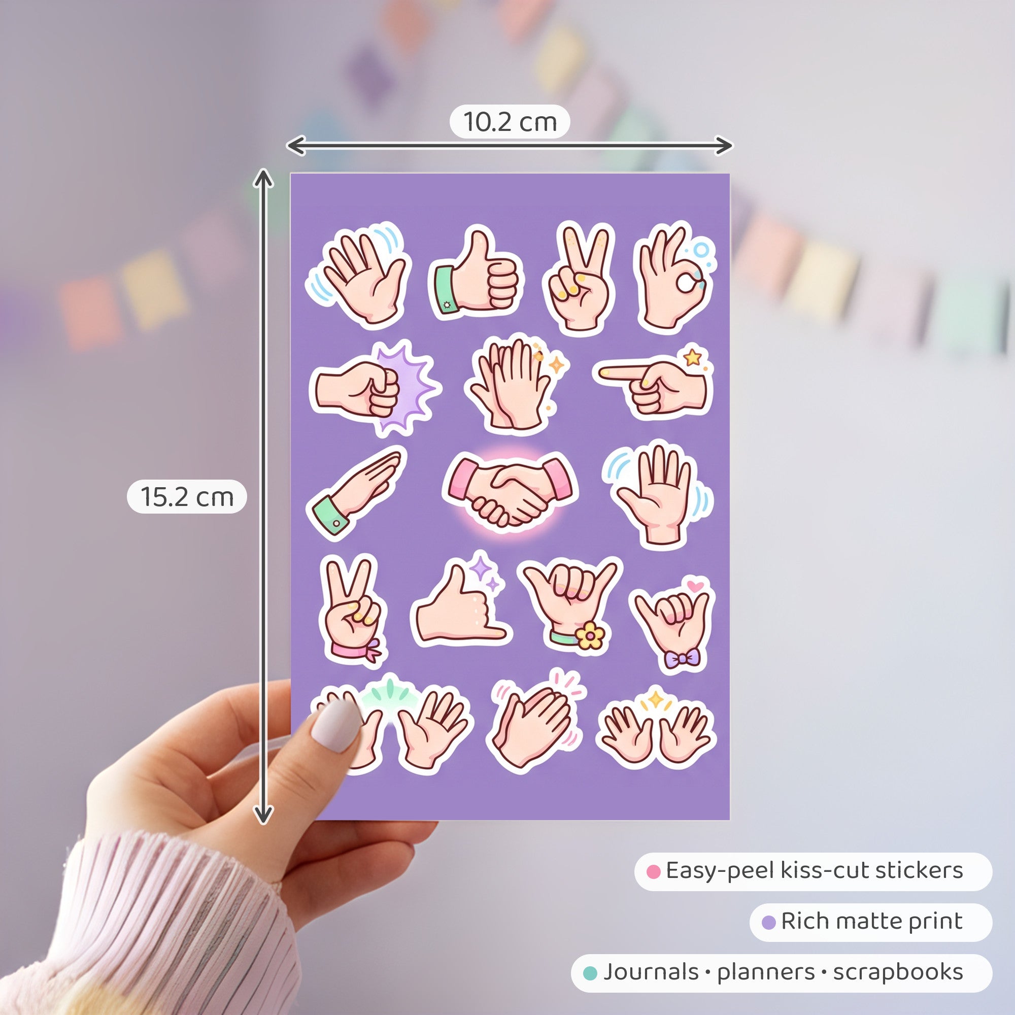 Kawaii Hand Gesture Sticker Pack – 4x6 inch Aesthetic Sticker Sheets (Pack of 4) | For Journals, Diaries, Planners, Gift Wraps, Scrapbooks & More