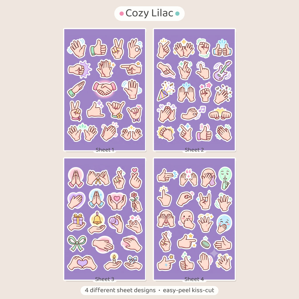 Kawaii Hand Gesture Sticker Pack – 4x6 inch Aesthetic Sticker Sheets (Pack of 4) | For Journals, Diaries, Planners, Gift Wraps, Scrapbooks & More