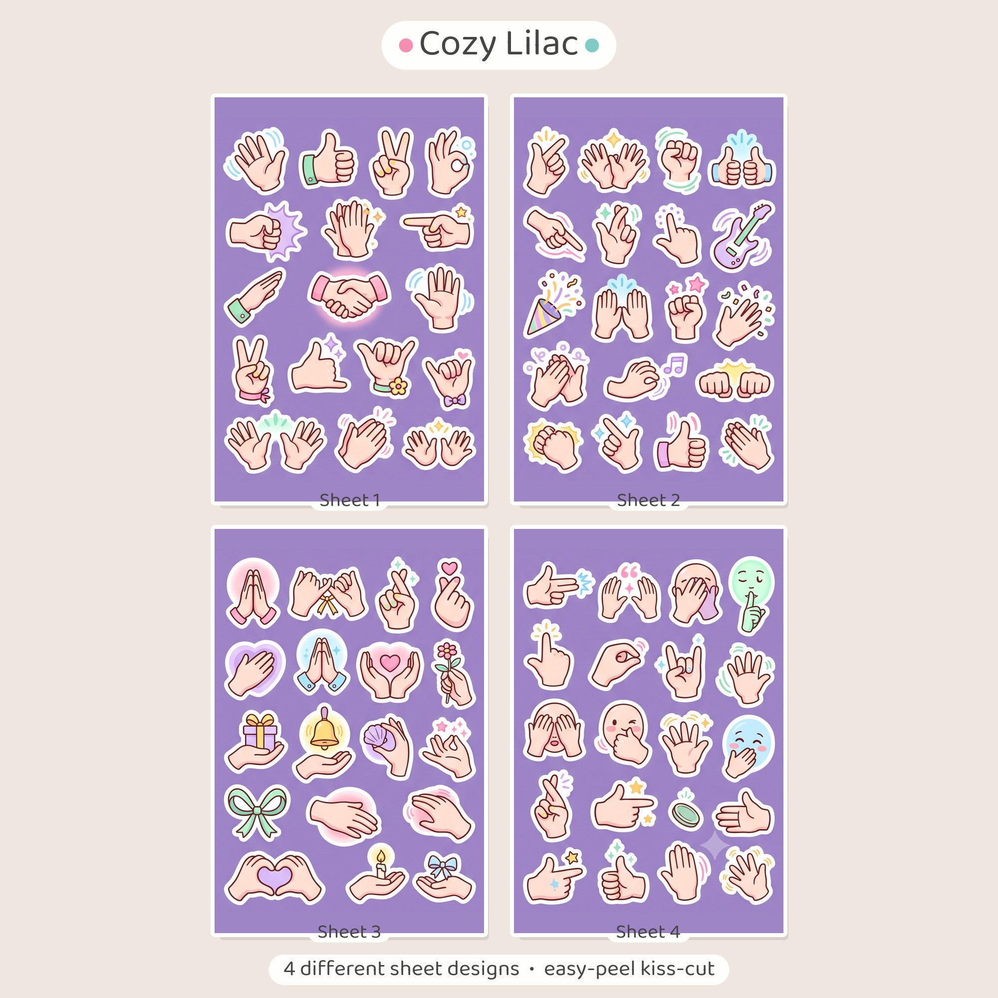 Kawaii Hand Gesture Sticker Pack – 4x6 inch Aesthetic Sticker Sheets (Pack of 4) | For Journals, Diaries, Planners, Gift Wraps, Scrapbooks & More