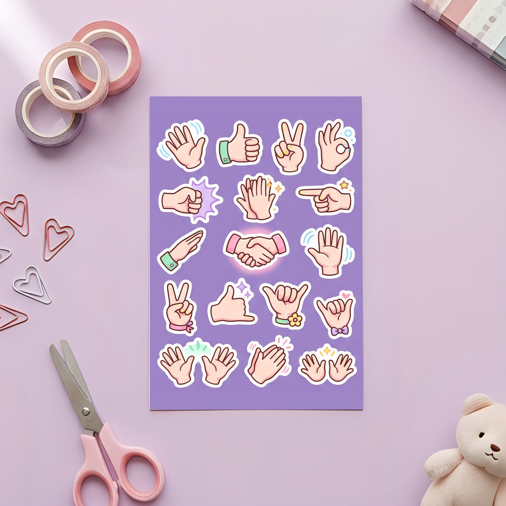 Kawaii Hand Gesture Sticker Pack – 4x6 inch Aesthetic Sticker Sheets (Pack of 4) | For Journals, Diaries, Planners, Gift Wraps, Scrapbooks & More