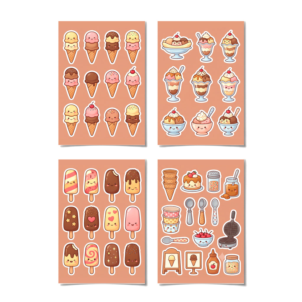Kawaii Ice Cream Stickers – 4x6 inch Aesthetic Sticker Sheets (Pack of 4) | For Journals, Gift Wraps, Scrapbooks, Kids Crafts, DIY Gifts & More