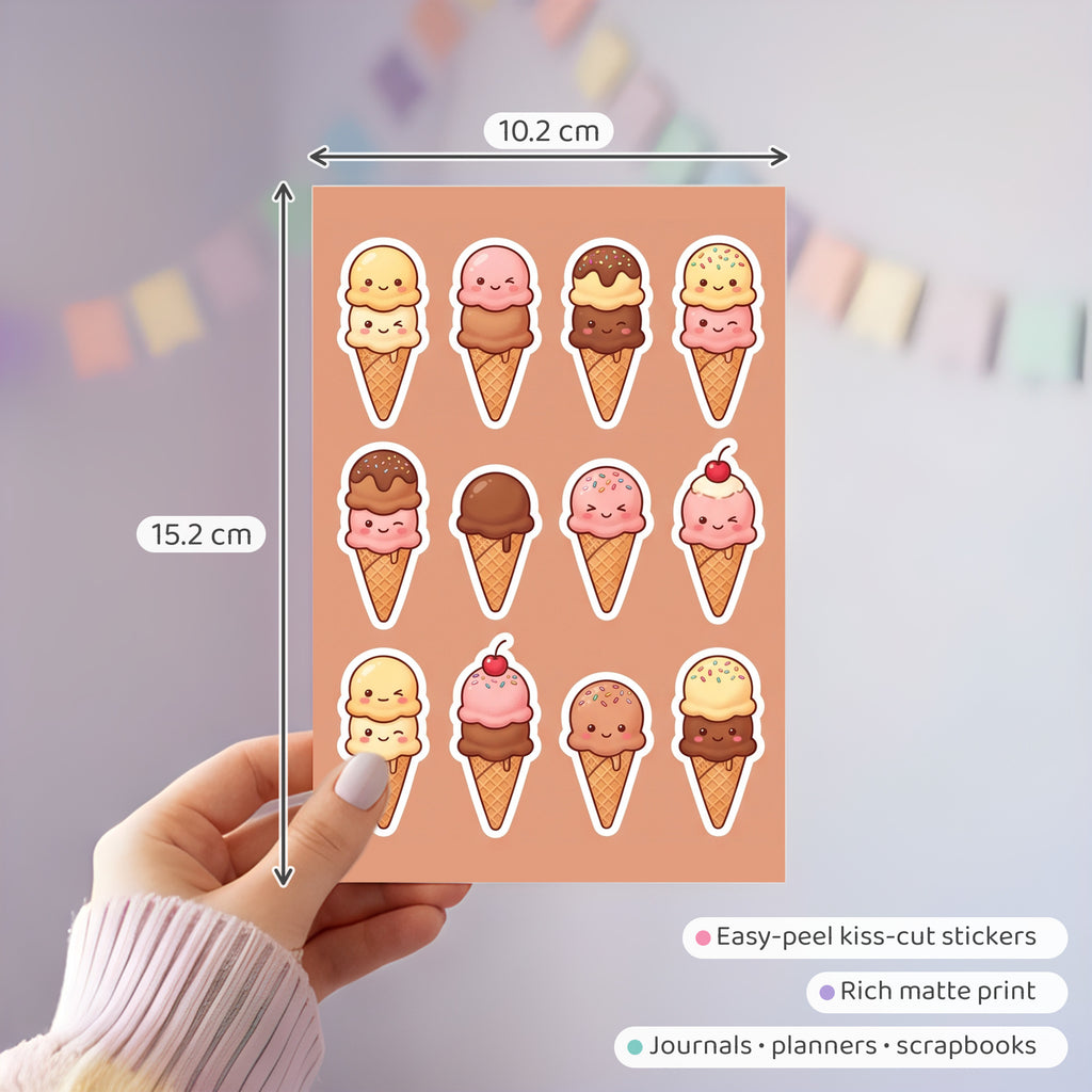 Kawaii Ice Cream Stickers – 4x6 inch Aesthetic Sticker Sheets (Pack of 4) | For Journals, Gift Wraps, Scrapbooks, Kids Crafts, DIY Gifts & More