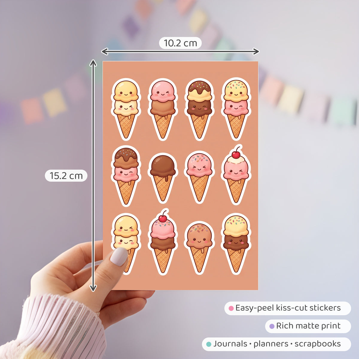 Kawaii Ice Cream Stickers – 4x6 inch Aesthetic Sticker Sheets (Pack of 4) | For Journals, Gift Wraps, Scrapbooks, Kids Crafts, DIY Gifts & More