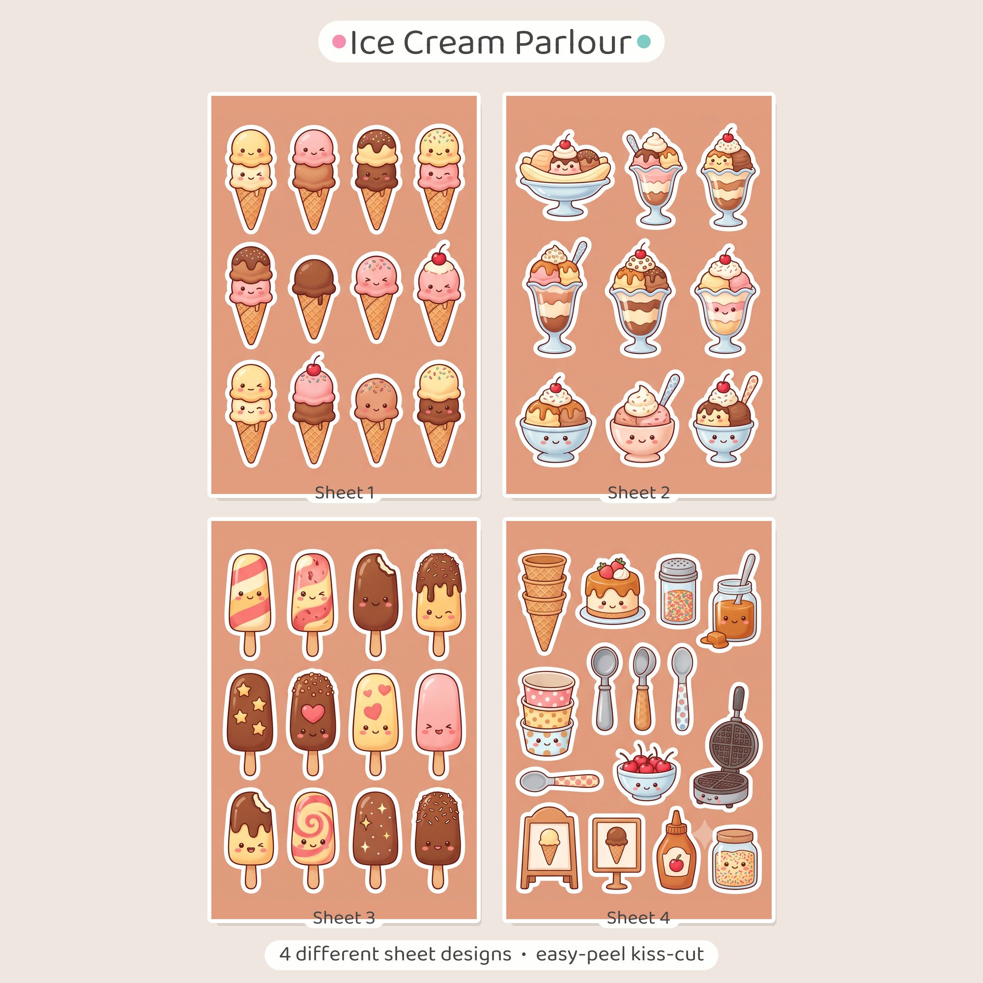 Kawaii Ice Cream Stickers – 4x6 inch Aesthetic Sticker Sheets (Pack of 4) | For Journals, Gift Wraps, Scrapbooks, Kids Crafts, DIY Gifts & More