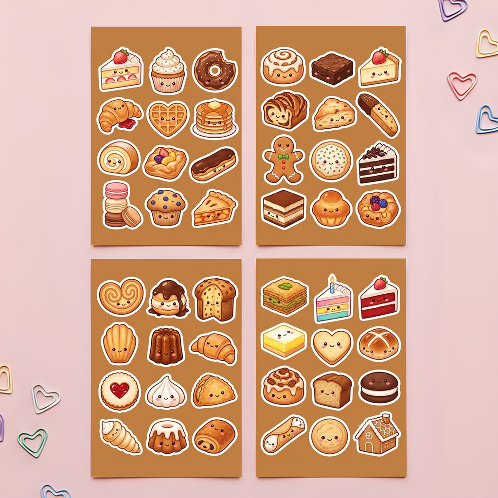Kawaii Bakery Sticker Pack – 4x6 inch Cute Sticker Sheets (Pack of 4) | Cake & Croissant for Journals, Scrapbooks, Kids Crafts, DIY Gifts & More