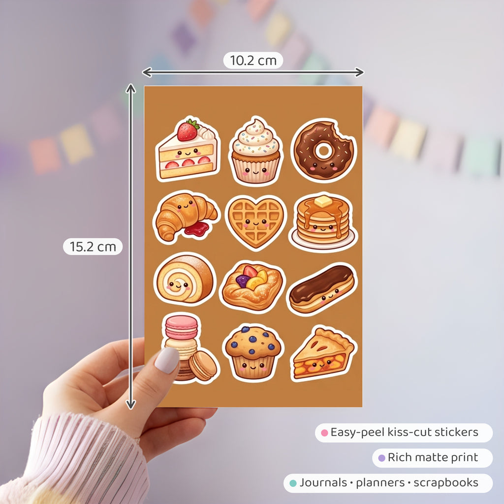 Kawaii Bakery Sticker Pack – 4x6 inch Cute Sticker Sheets (Pack of 4) | Cake & Croissant for Journals, Scrapbooks, Kids Crafts, DIY Gifts & More