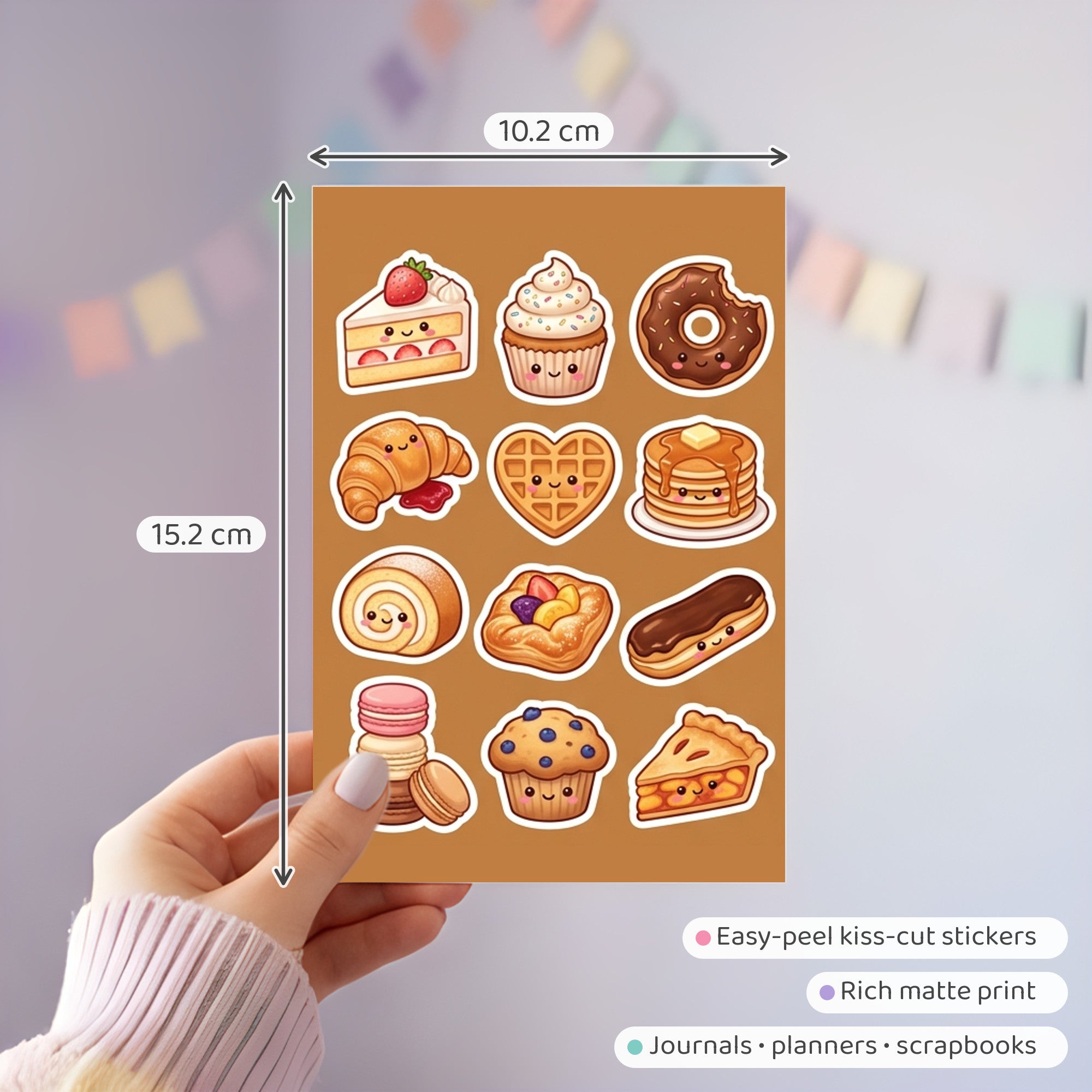 Kawaii Bakery Sticker Pack – 4x6 inch Cute Sticker Sheets (Pack of 4) | Cake & Croissant for Journals, Scrapbooks, Kids Crafts, DIY Gifts & More