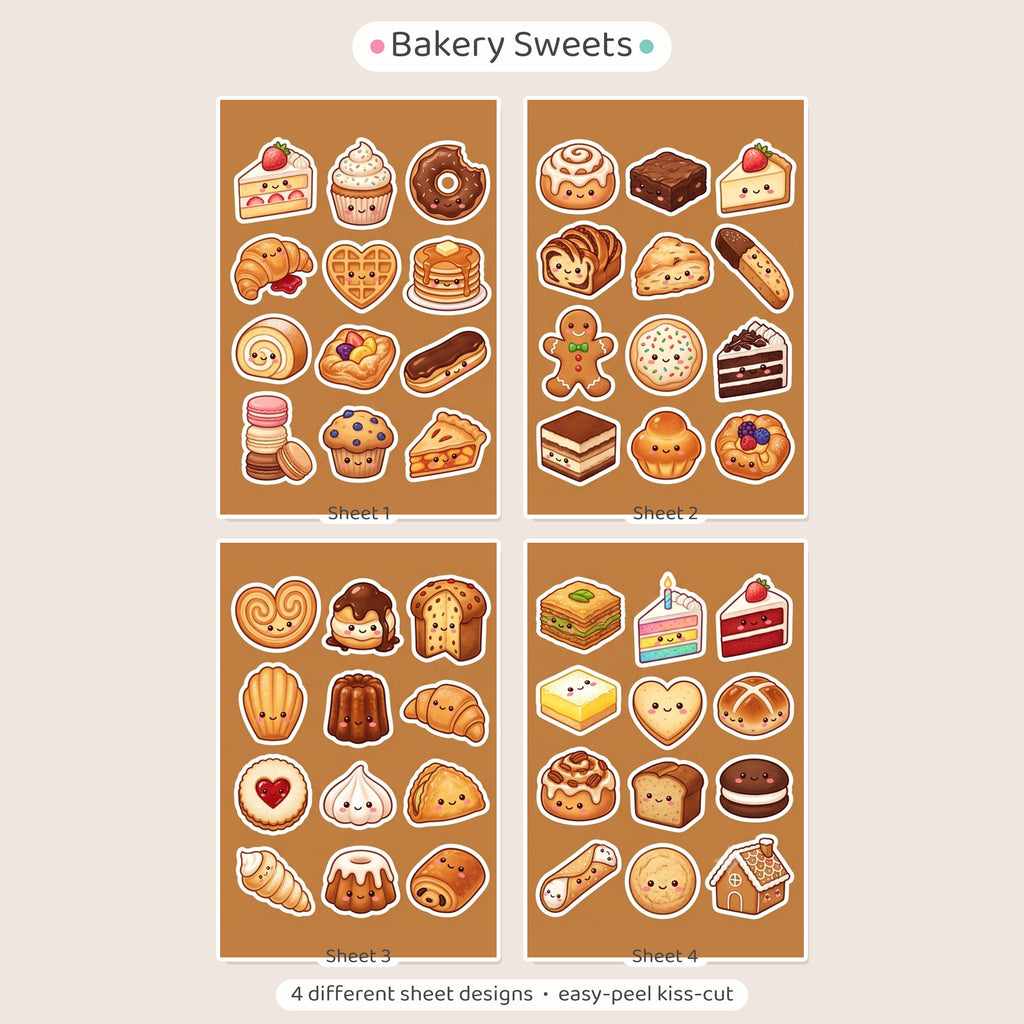 Kawaii Bakery Sticker Pack – 4x6 inch Cute Sticker Sheets (Pack of 4) | Cake & Croissant for Journals, Scrapbooks, Kids Crafts, DIY Gifts & More