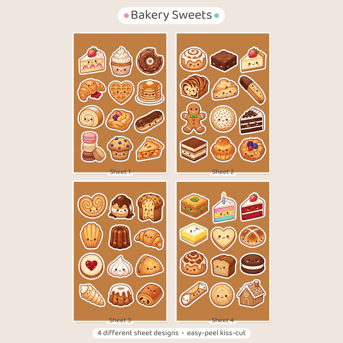 Kawaii Bakery Sticker Pack – 4x6 inch Cute Sticker Sheets (Pack of 4) | Cake & Croissant for Journals, Scrapbooks, Kids Crafts, DIY Gifts & More