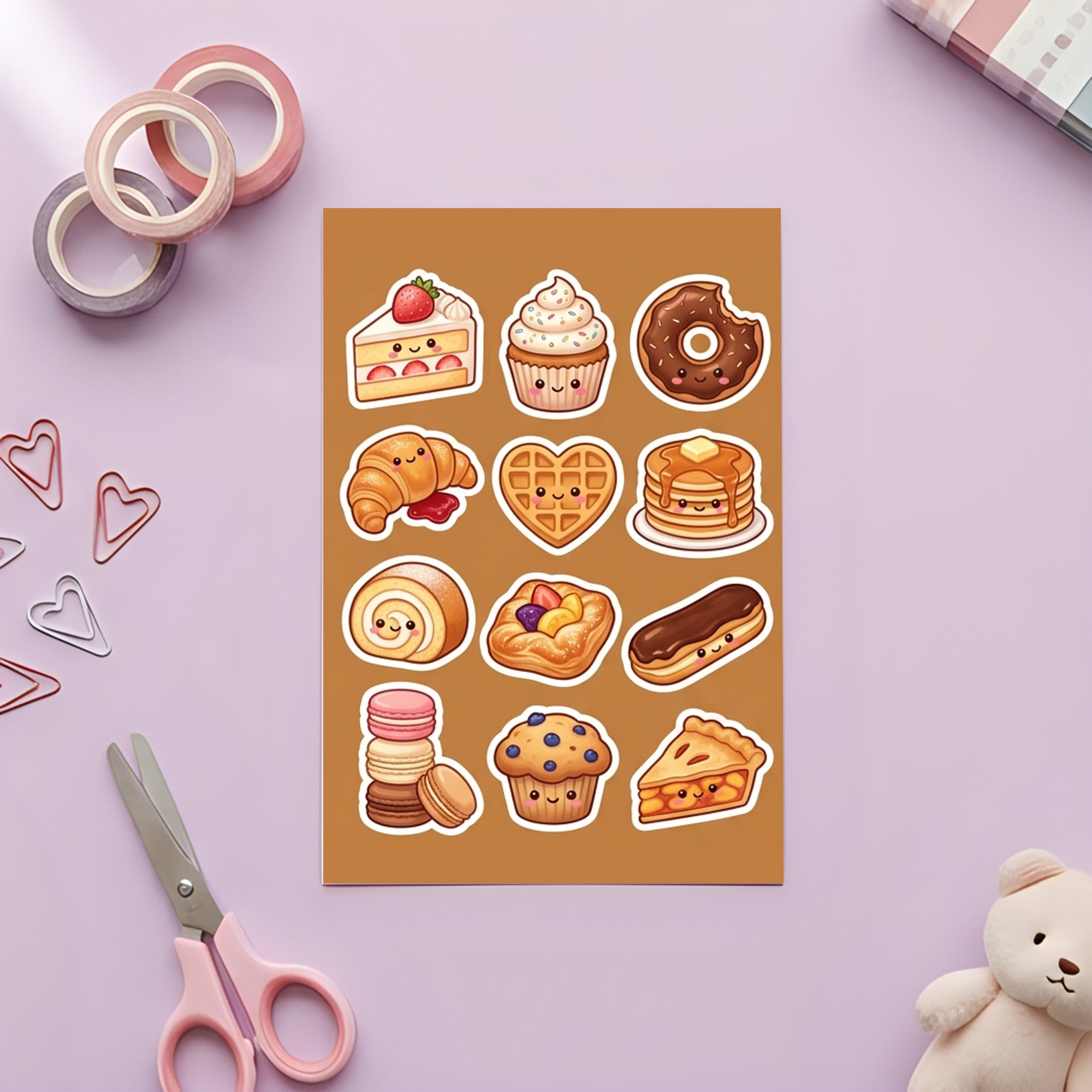 Kawaii Bakery Sticker Pack – 4x6 inch Cute Sticker Sheets (Pack of 4) | Cake & Croissant for Journals, Scrapbooks, Kids Crafts, DIY Gifts & More