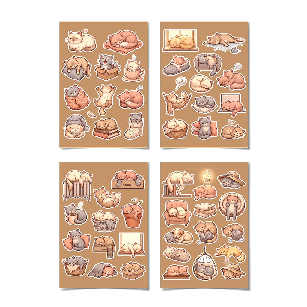Kawaii Sleepy Cat Sticker Pack – 4x6 inch Aesthetic Sticker Sheets (Pack of 4) | For Journals, Kids Crafts, DIY Gifts, Planners, Notebooks & More