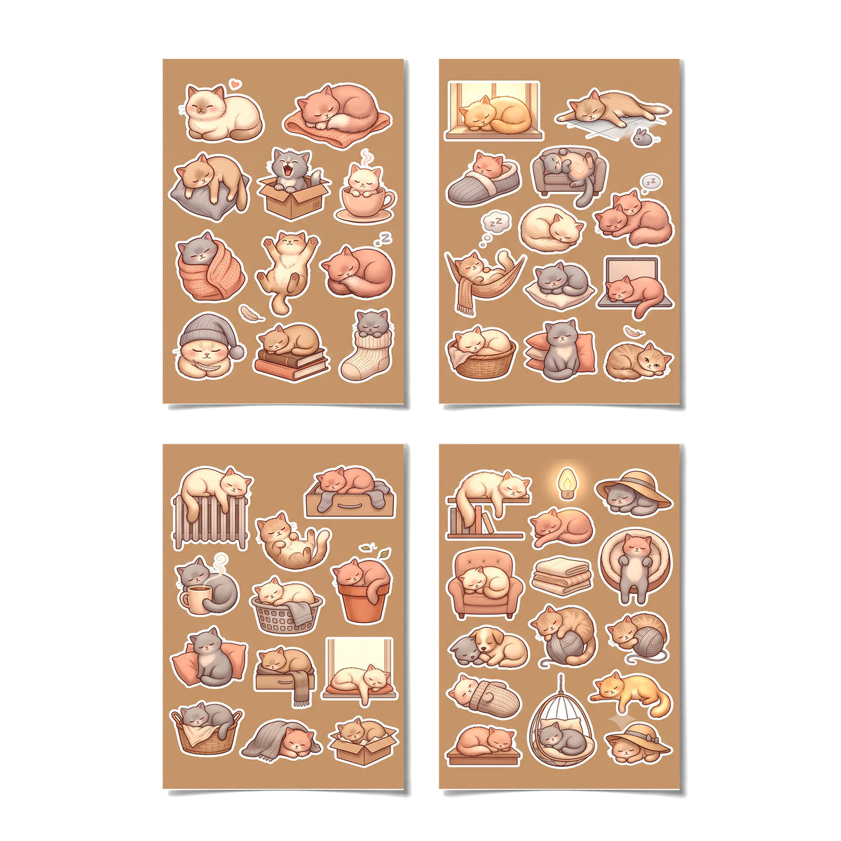 Kawaii Sleepy Cat Sticker Pack – 4x6 inch Aesthetic Sticker Sheets (Pack of 4) | For Journals, Kids Crafts, DIY Gifts, Planners, Notebooks & More