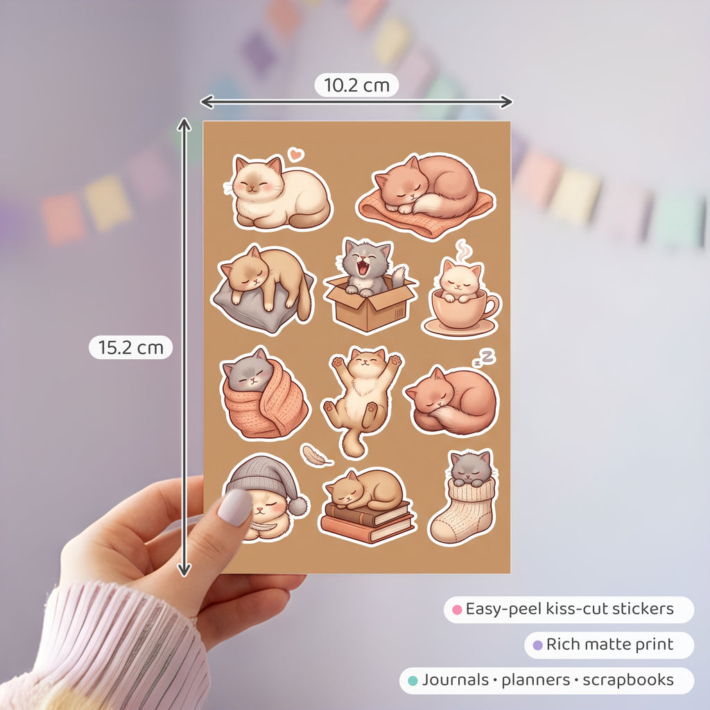 Kawaii Sleepy Cat Sticker Pack – 4x6 inch Aesthetic Sticker Sheets (Pack of 4) | For Journals, Kids Crafts, DIY Gifts, Planners, Notebooks & More