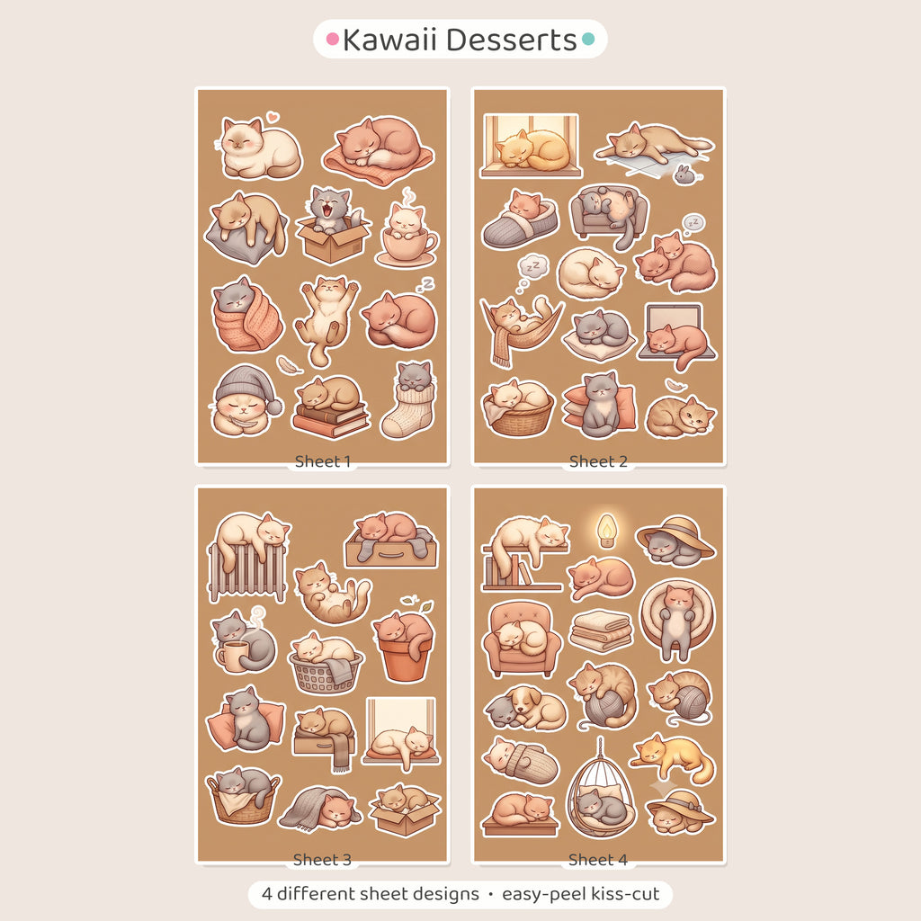Kawaii Sleepy Cat Sticker Pack – 4x6 inch Aesthetic Sticker Sheets (Pack of 4) | For Journals, Kids Crafts, DIY Gifts, Planners, Notebooks & More