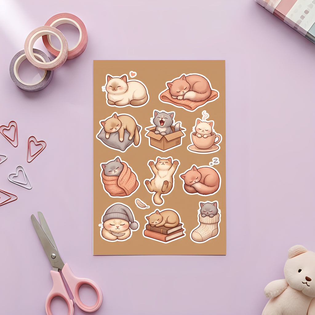 Kawaii Sleepy Cat Sticker Pack – 4x6 inch Aesthetic Sticker Sheets (Pack of 4) | For Journals, Kids Crafts, DIY Gifts, Planners, Notebooks & More