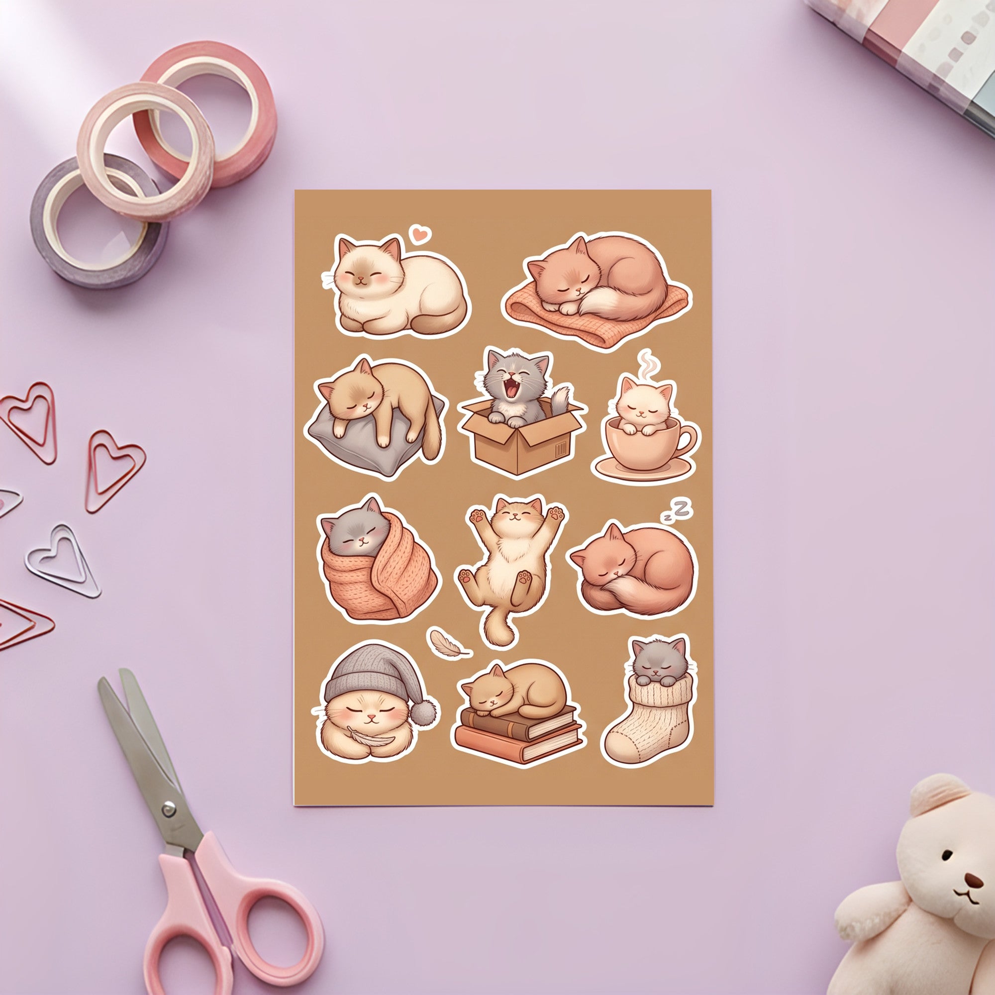 Kawaii Sleepy Cat Sticker Pack – 4x6 inch Aesthetic Sticker Sheets (Pack of 4) | For Journals, Kids Crafts, DIY Gifts, Planners, Notebooks & More