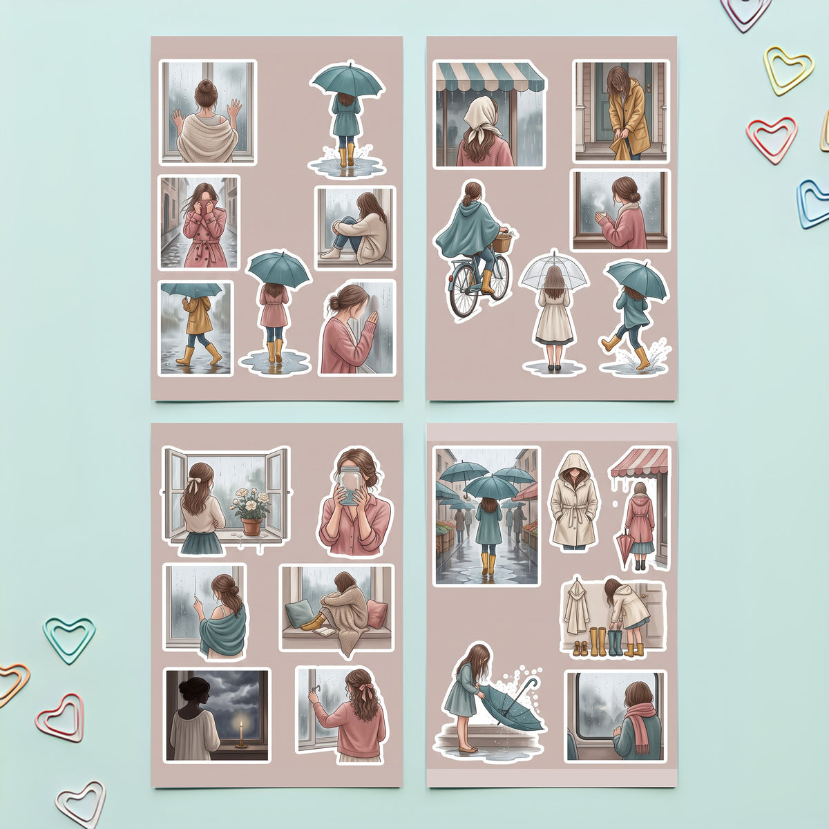 Illustrated Rainy Day Girl Stickers – 4x6 inch Aesthetic Sticker Sheets (Pack of 4) | For Journals, DIY Art, Diaries, Planners & More