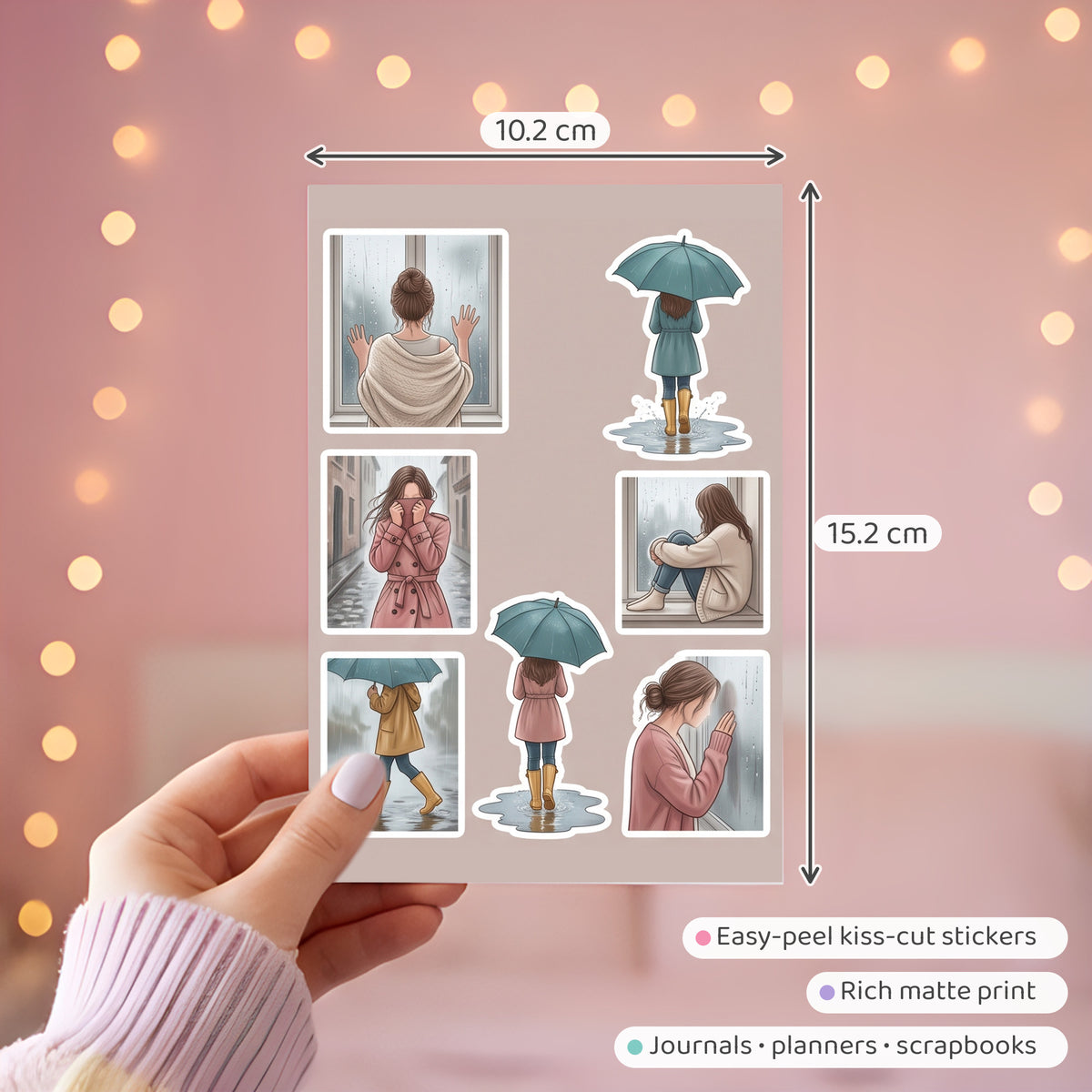 Illustrated Rainy Day Girl Stickers – 4x6 inch Aesthetic Sticker Sheets (Pack of 4) | For Journals, DIY Art, Diaries, Planners & More