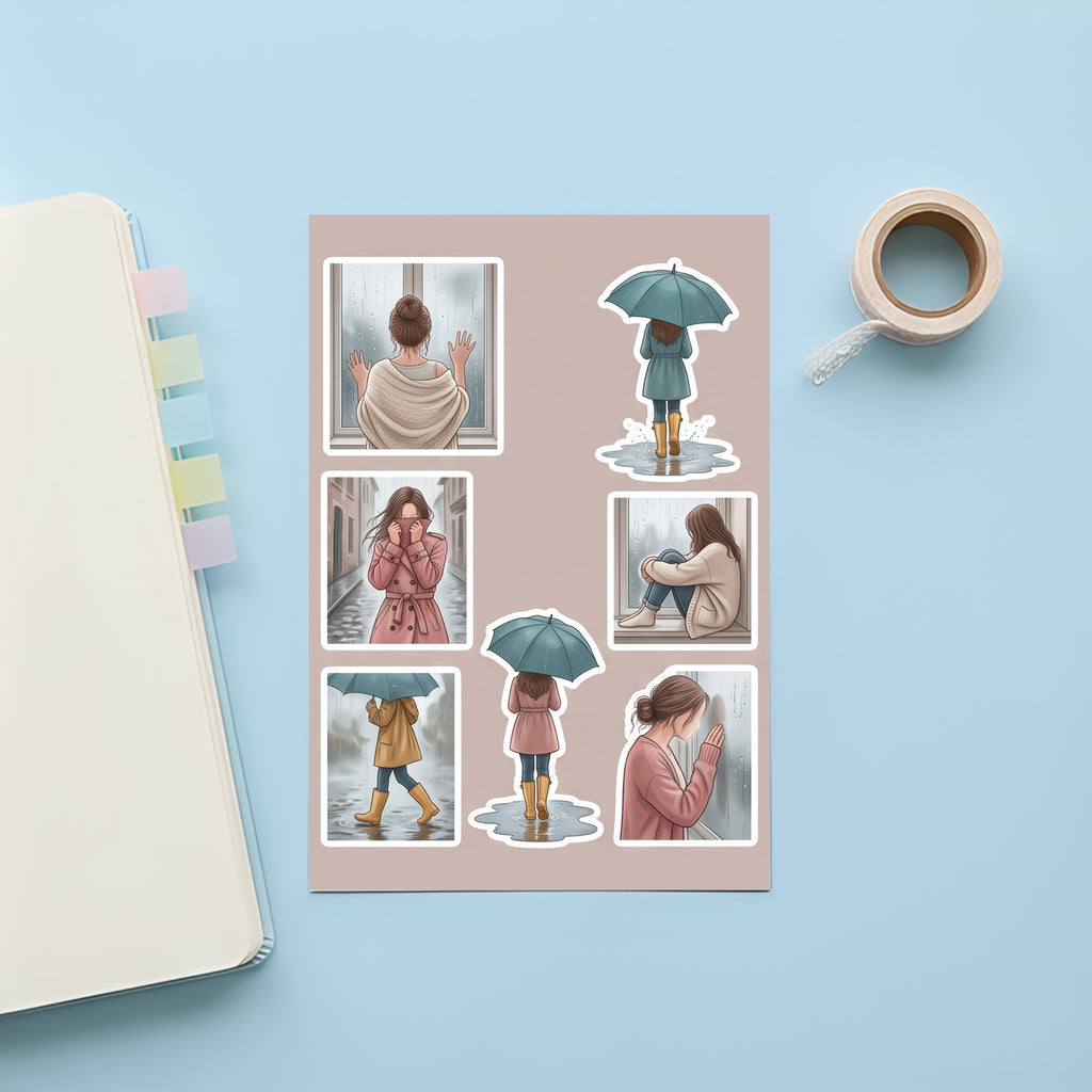 Illustrated Rainy Day Girl Stickers – 4x6 inch Aesthetic Sticker Sheets (Pack of 4) | For Journals, DIY Art, Diaries, Planners & More
