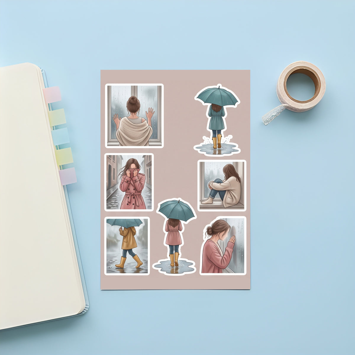 Illustrated Rainy Day Girl Stickers – 4x6 inch Aesthetic Sticker Sheets (Pack of 4) | For Journals, DIY Art, Diaries, Planners & More