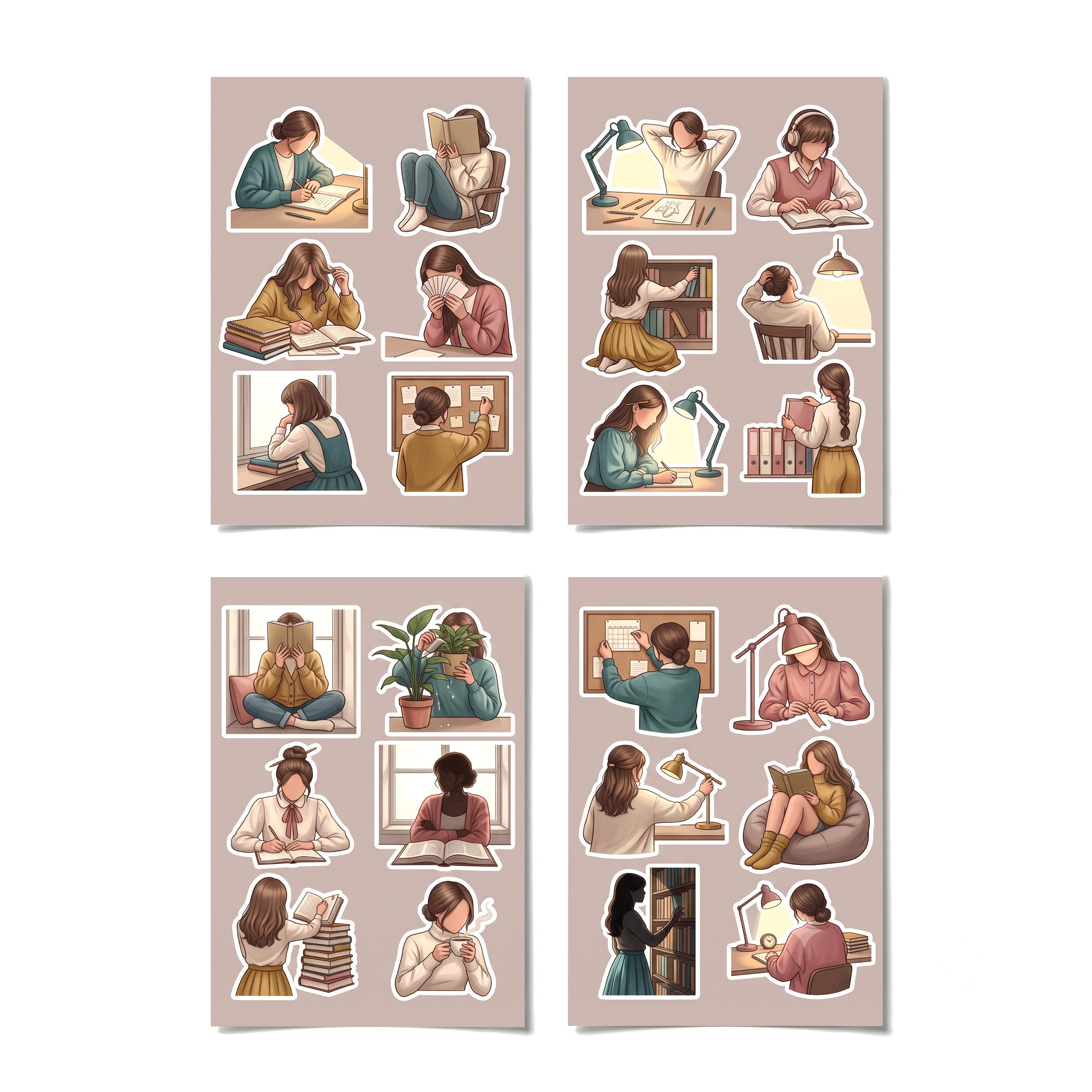Illustrated Study Desk Girl Stickers – 4x6 inch Aesthetic Sticker Sheets (Pack of 4) | For Journals, Diaries, Planners, Gift Wraps, Scrapbooks & More