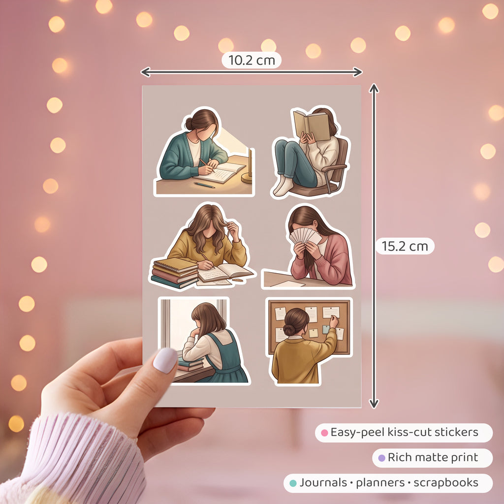 Illustrated Study Desk Girl Stickers – 4x6 inch Aesthetic Sticker Sheets (Pack of 4) | For Journals, Diaries, Planners, Gift Wraps, Scrapbooks & More