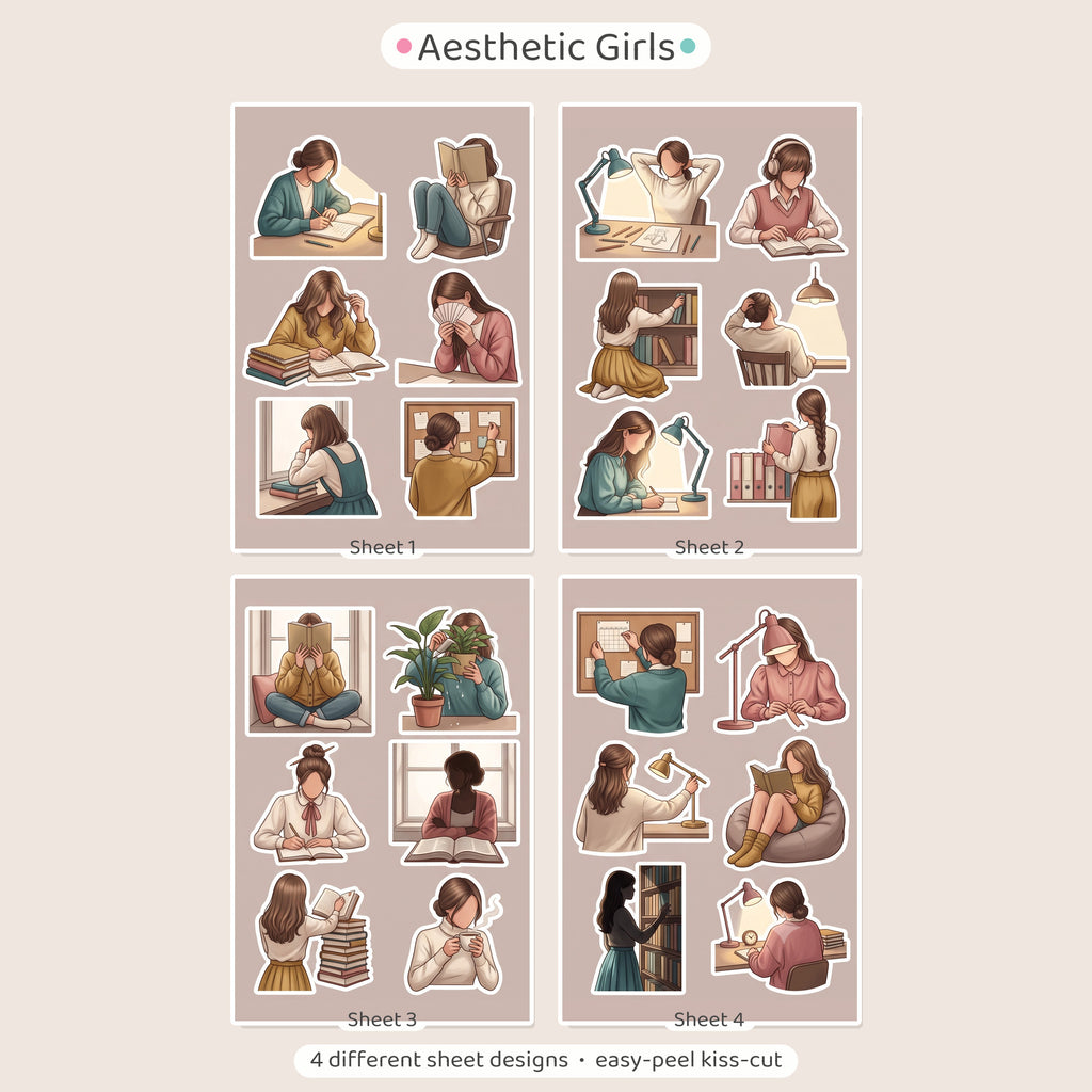 Illustrated Study Desk Girl Stickers – 4x6 inch Aesthetic Sticker Sheets (Pack of 4) | For Journals, Diaries, Planners, Gift Wraps, Scrapbooks & More