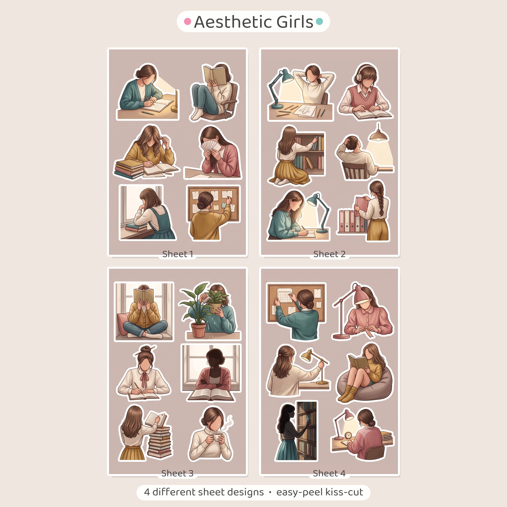 Illustrated Study Desk Girl Stickers – 4x6 inch Aesthetic Sticker Sheets (Pack of 4) | For Journals, Diaries, Planners, Gift Wraps, Scrapbooks & More