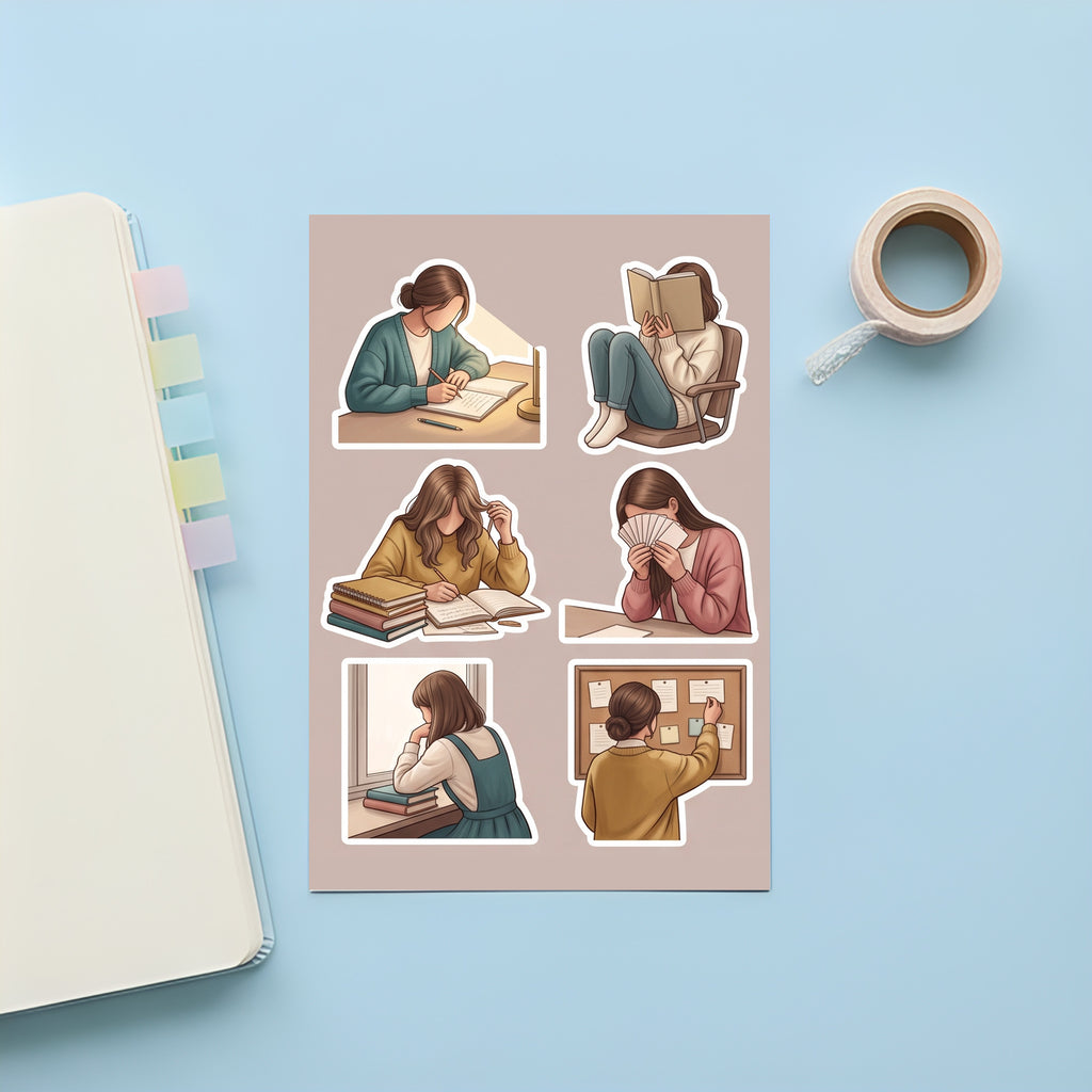 Illustrated Study Desk Girl Stickers – 4x6 inch Aesthetic Sticker Sheets (Pack of 4) | For Journals, Diaries, Planners, Gift Wraps, Scrapbooks & More