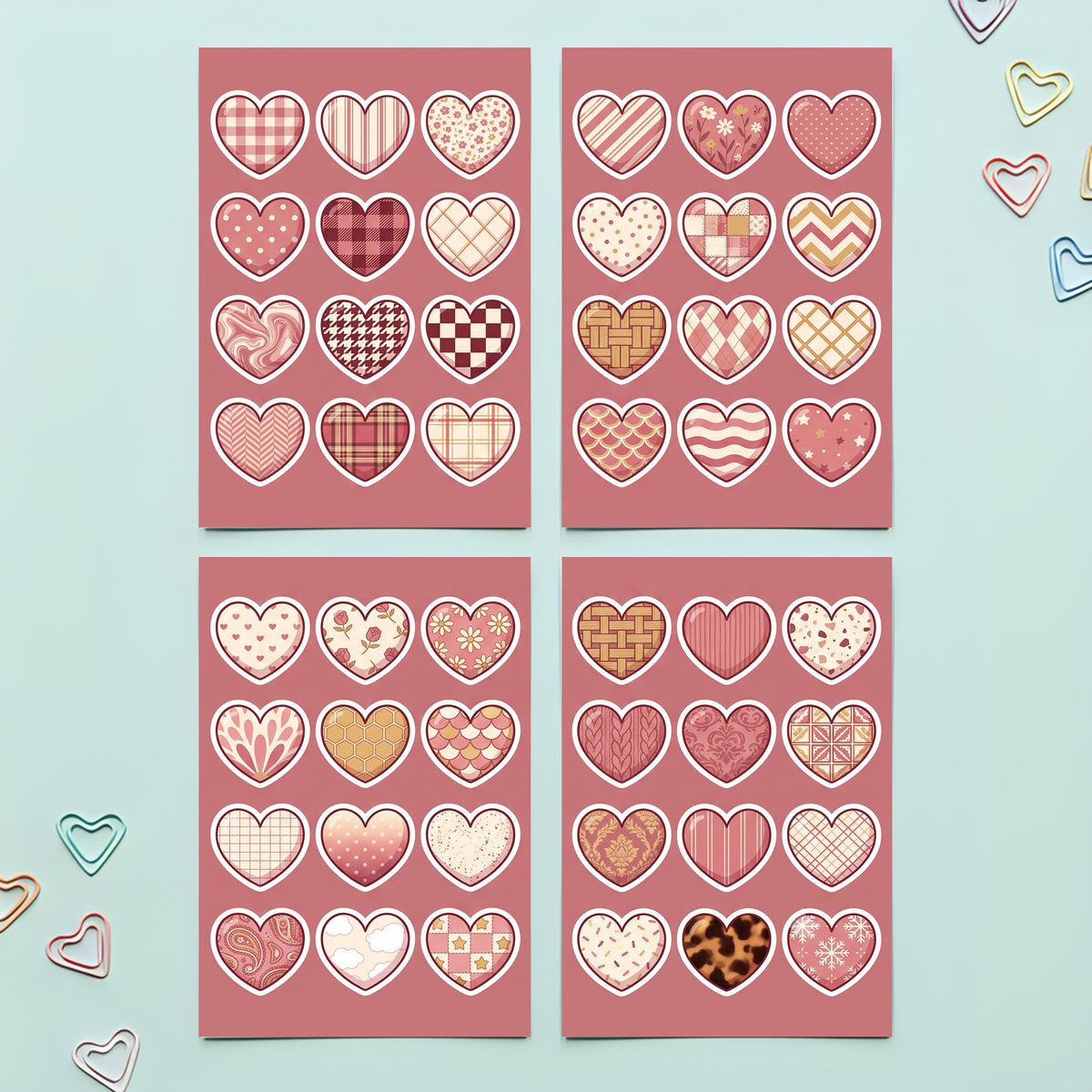 Kawaii Patterned Heart Stickers – 4x6 inch Cute Sticker Sheets (Pack of 4) | For Journals, Notebooks, Kids Crafts, Scrapbooks & More