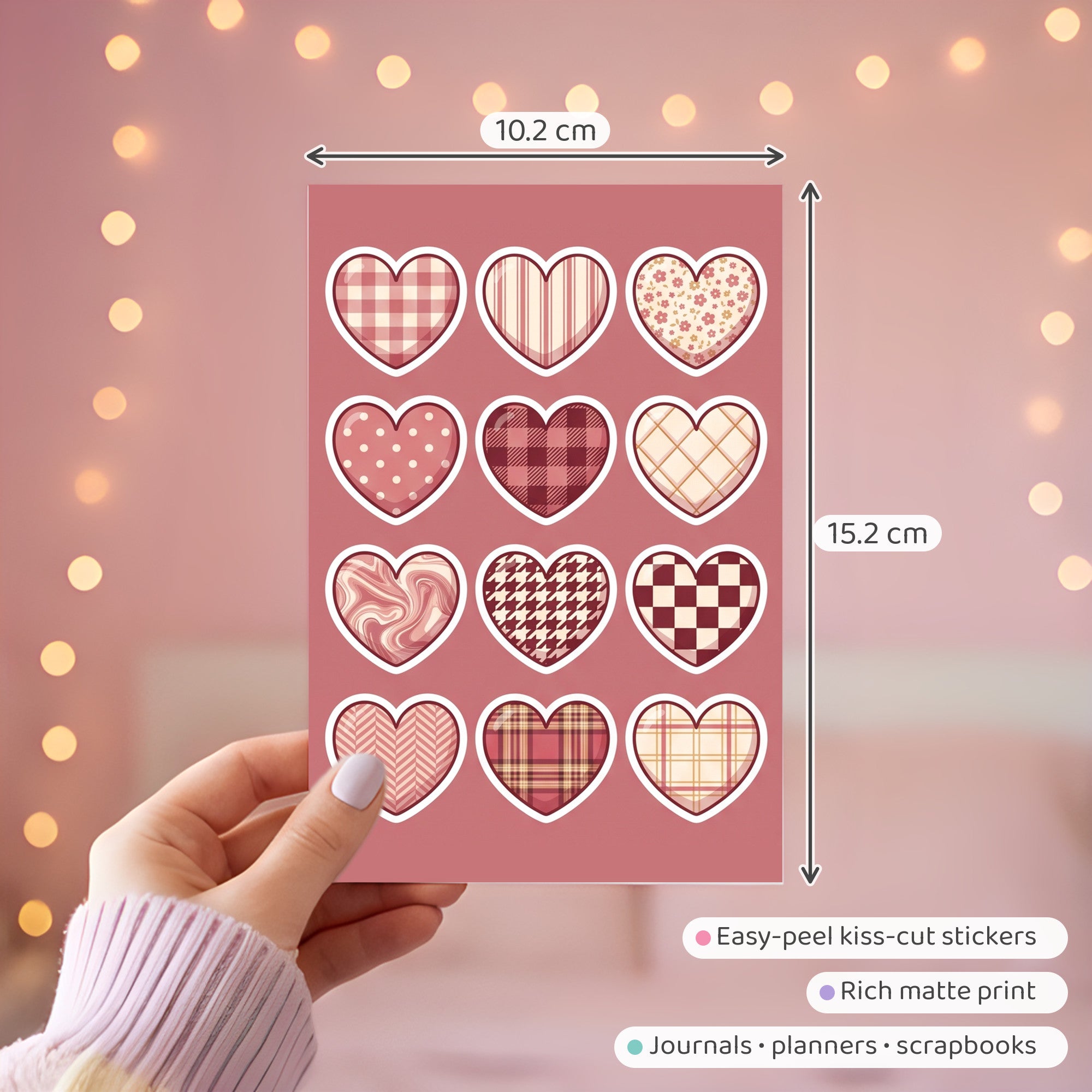 Kawaii Patterned Heart Stickers – 4x6 inch Cute Sticker Sheets (Pack of 4) | For Journals, Notebooks, Kids Crafts, Scrapbooks & More