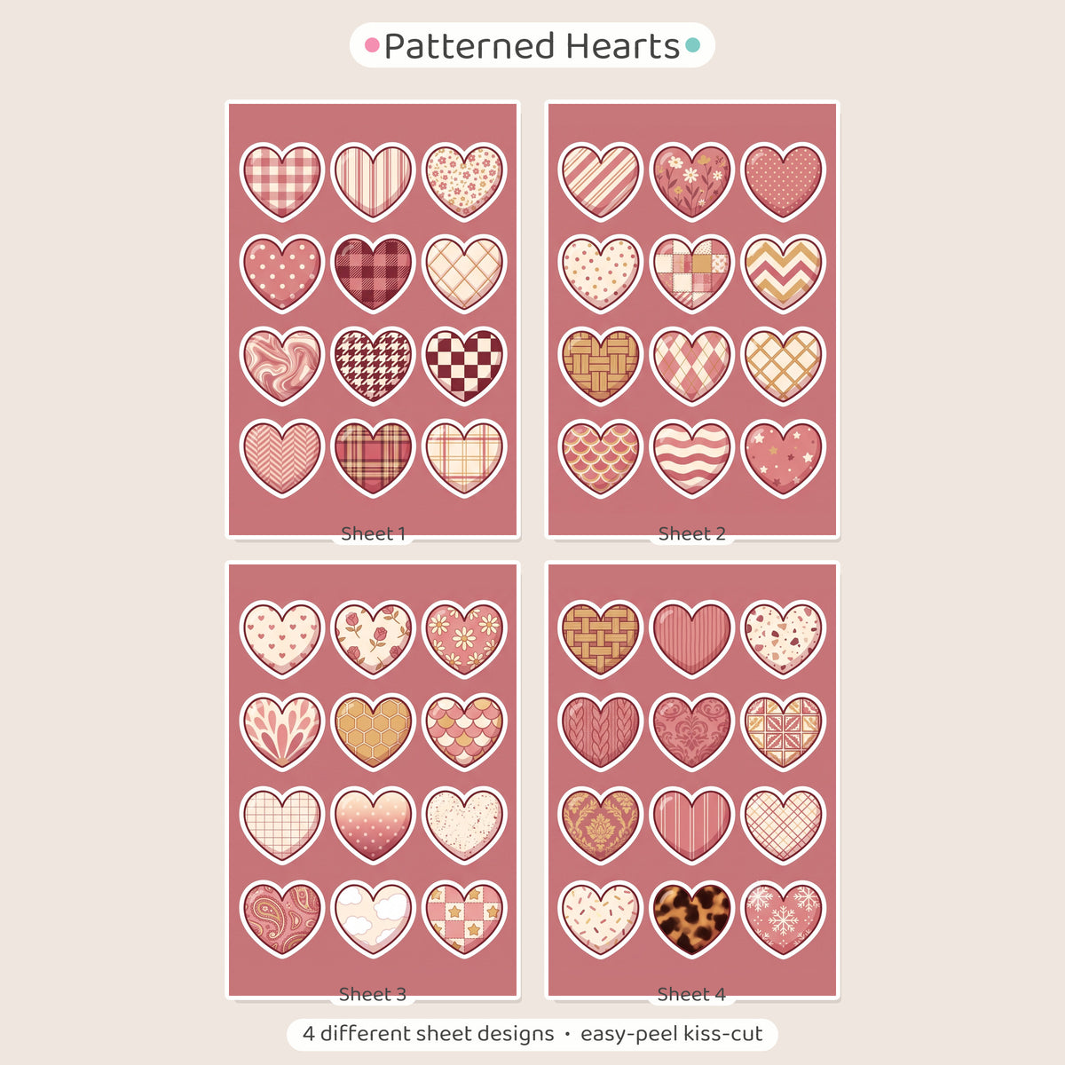 Kawaii Patterned Heart Stickers – 4x6 inch Cute Sticker Sheets (Pack of 4) | For Journals, Notebooks, Kids Crafts, Scrapbooks & More